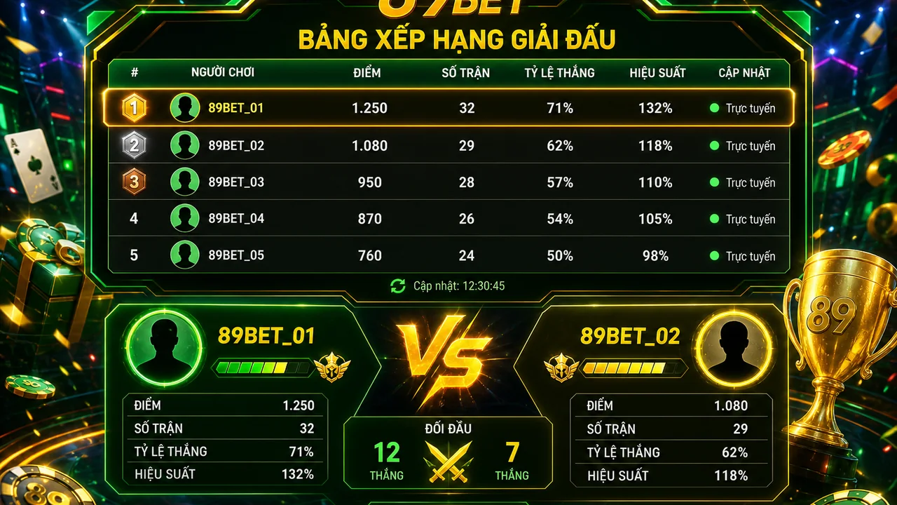 Đọc bảng đấu thông minh: bảng xếp hạng người chơi bài hôm nay trên 89bet